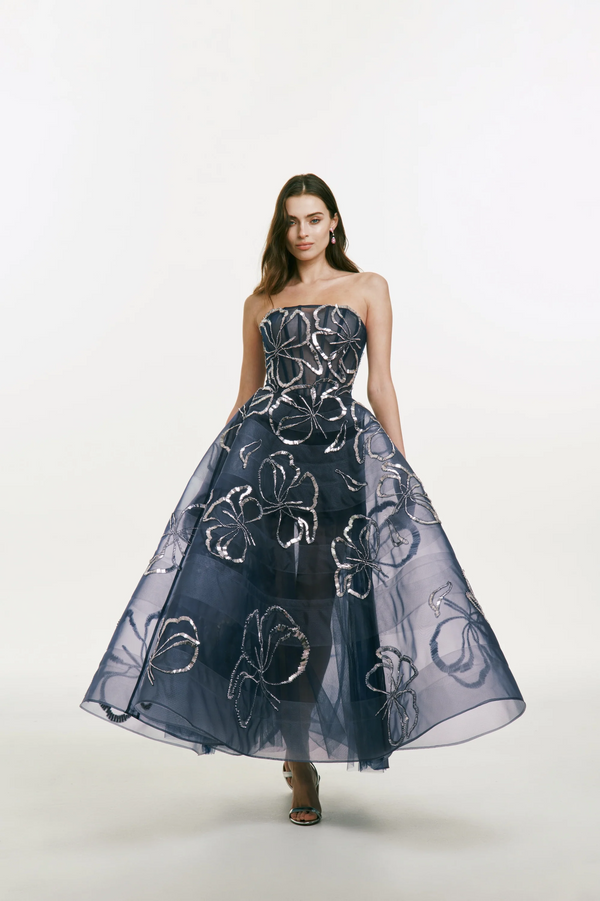 Strapless Midi Dress with Metallic Flower Detail