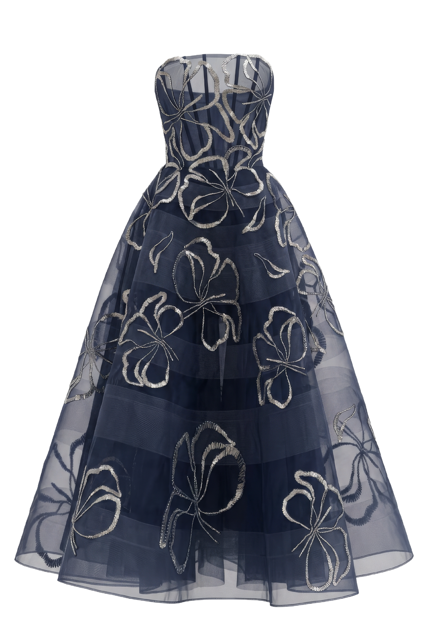 Strapless Midi Dress with Metallic Flower Detail