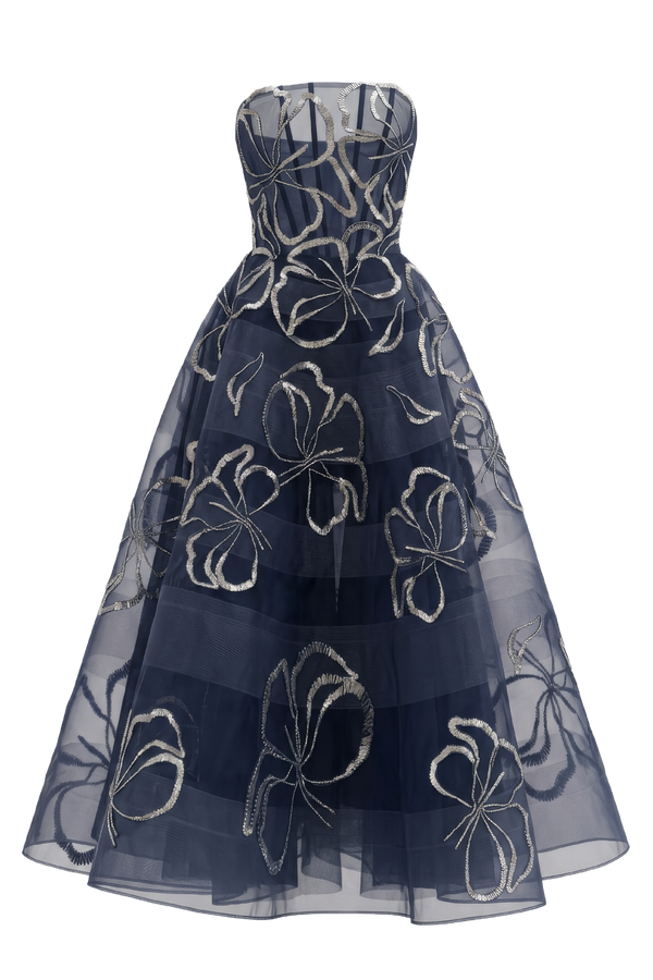 Strapless Midi Dress with Metallic Flower Detail