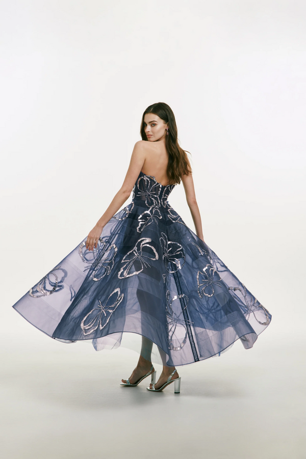 Strapless Midi Dress with Metallic Flower Detail