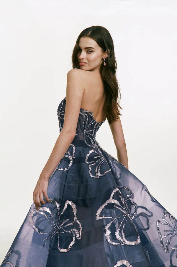 Strapless Midi Dress with Metallic Flower Detail