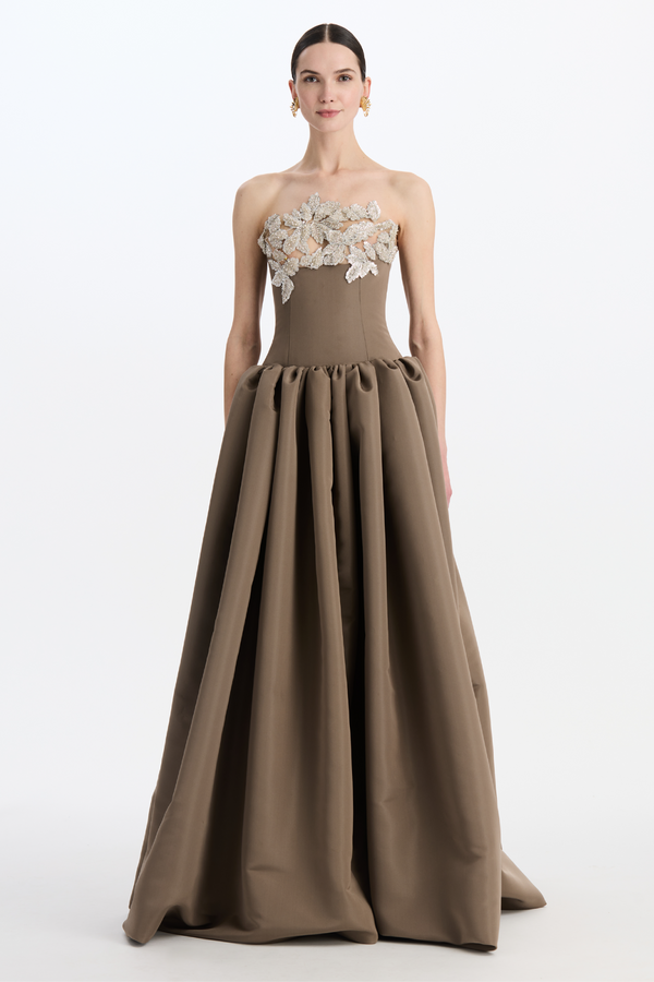 Strapless Shiny Leaves Embroidered Ball Gown