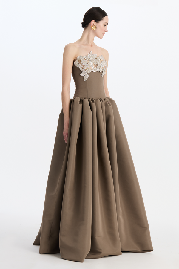 Strapless Shiny Leaves Embroidered Ball Gown