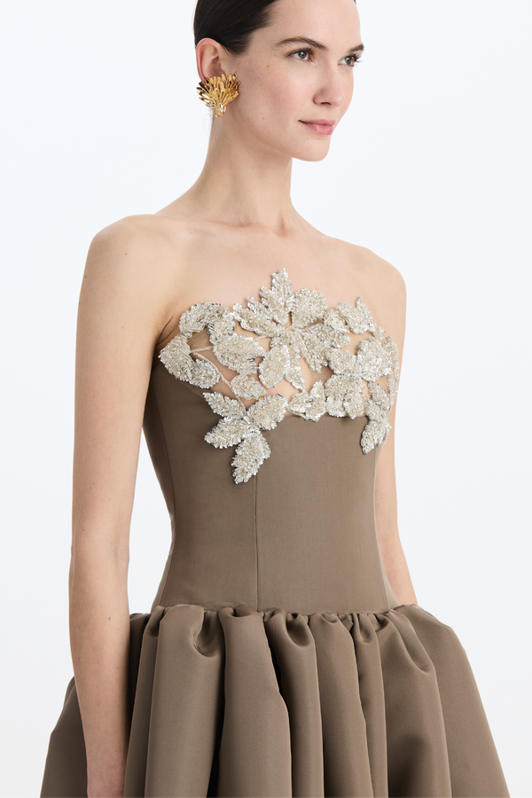 Strapless Shiny Leaves Embroidered Ball Gown