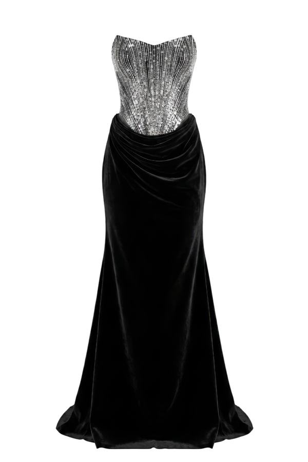 Strapless Velvet Dress with Beaded Bodice
