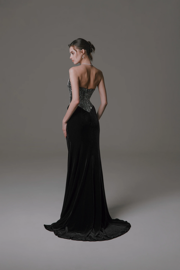 Strapless Velvet Dress with Beaded Bodice