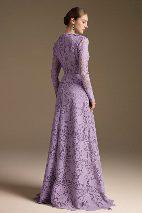 Lilac V-Neck A-Line Guipure Gown