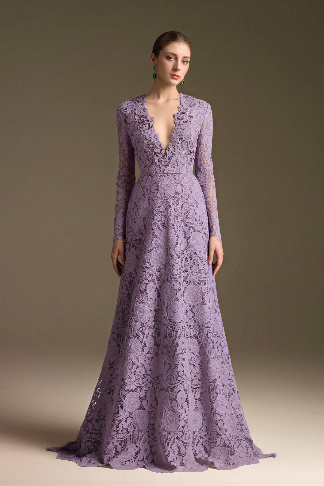 Lilac V-Neck A-Line Guipure Gown