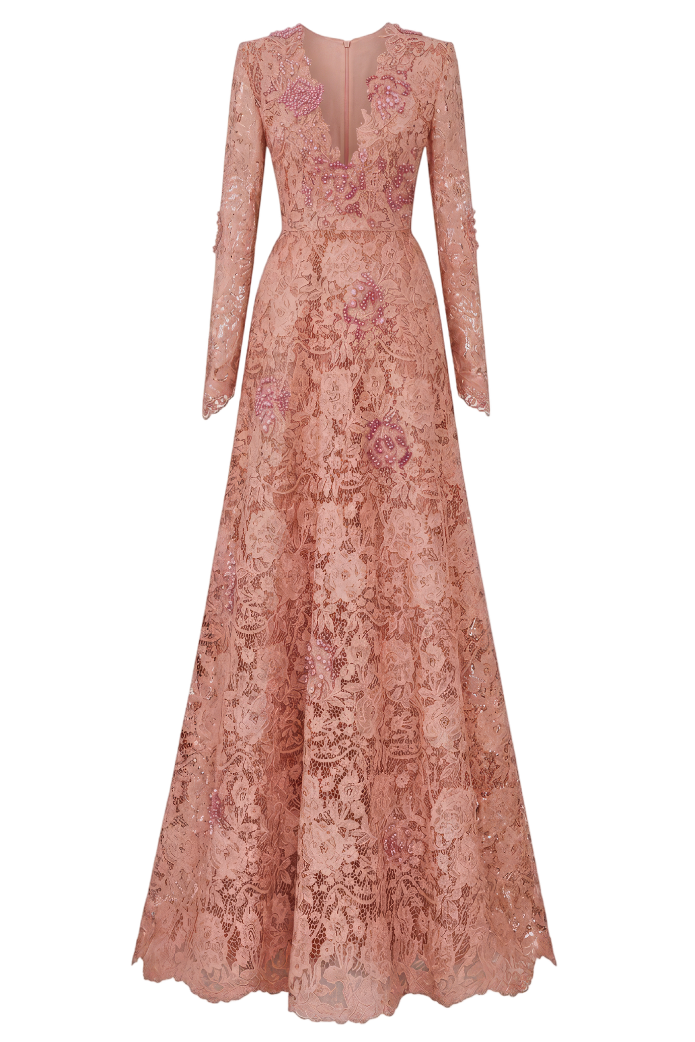 Pink V-Neck A-Line Guipure Gown