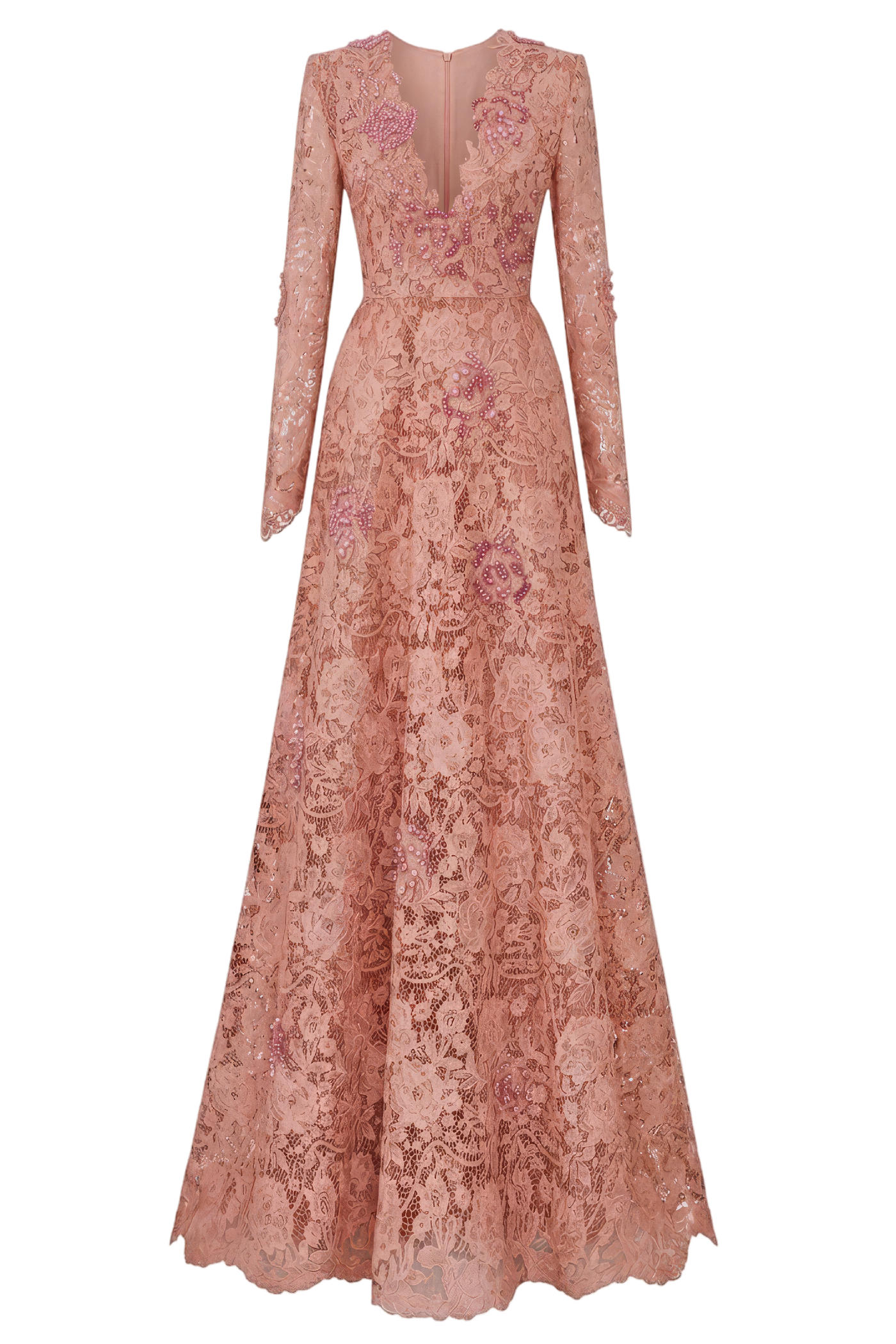Pink V-Neck A-Line Guipure Gown