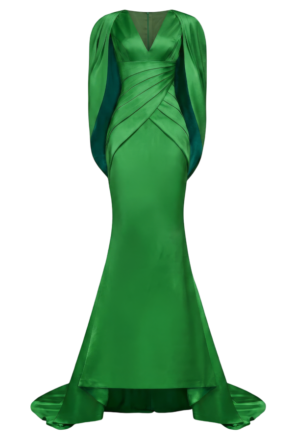 V-Neckline Pleated Mullet Silk Gown