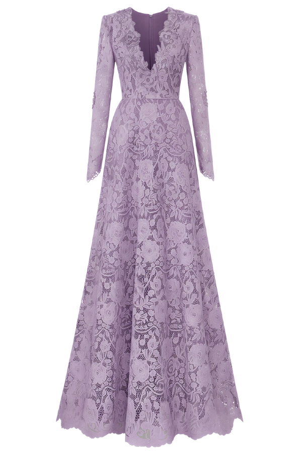 Lilac V-Neck A-Line Guipure Gown