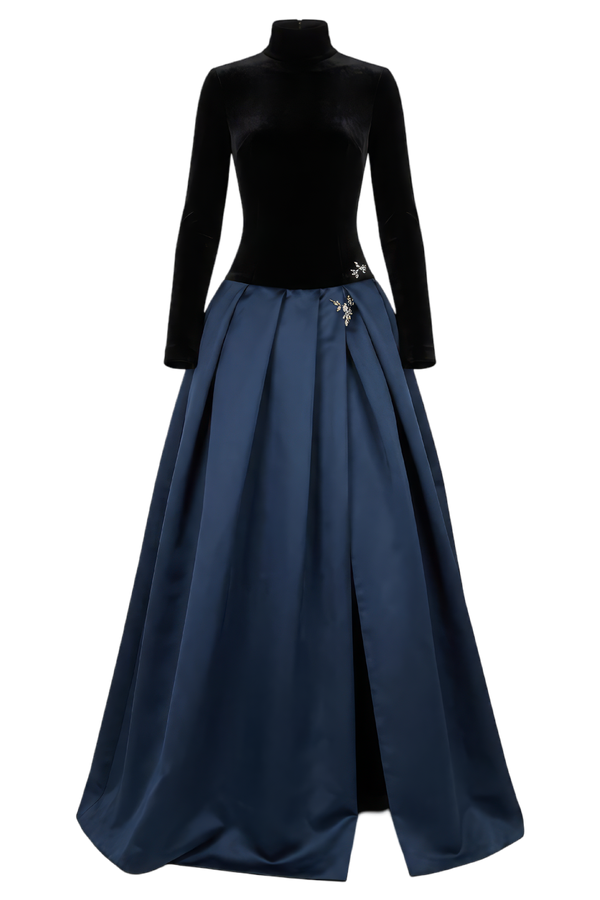 Velvet Duchesse Satin Drop Waist Gown with Open Cowl Back