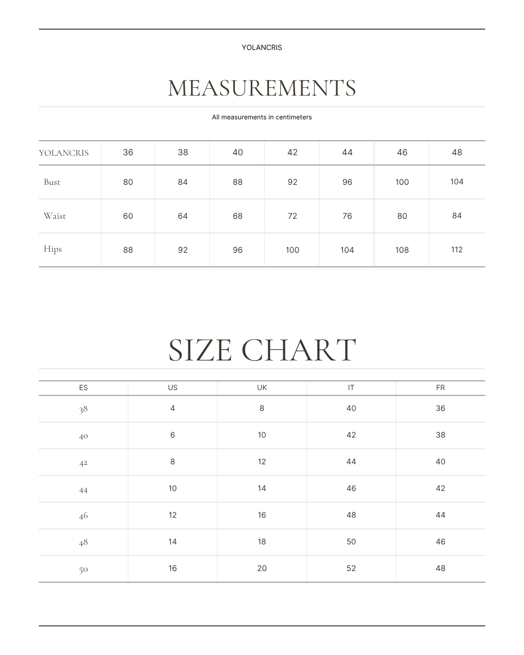 YOLANCRIS size chart