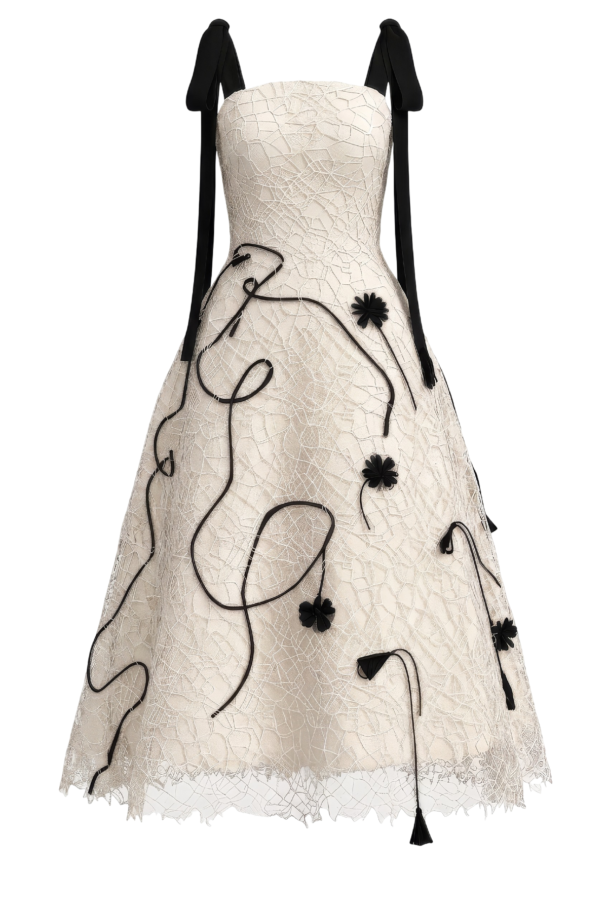 Textured Midi Dress with Black Bow Straps