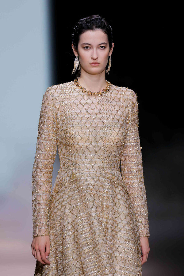 Champagne Gold Lattice & Lace Gown