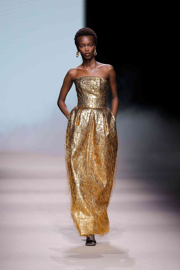 Gold Textured Strapless Maxi Dress