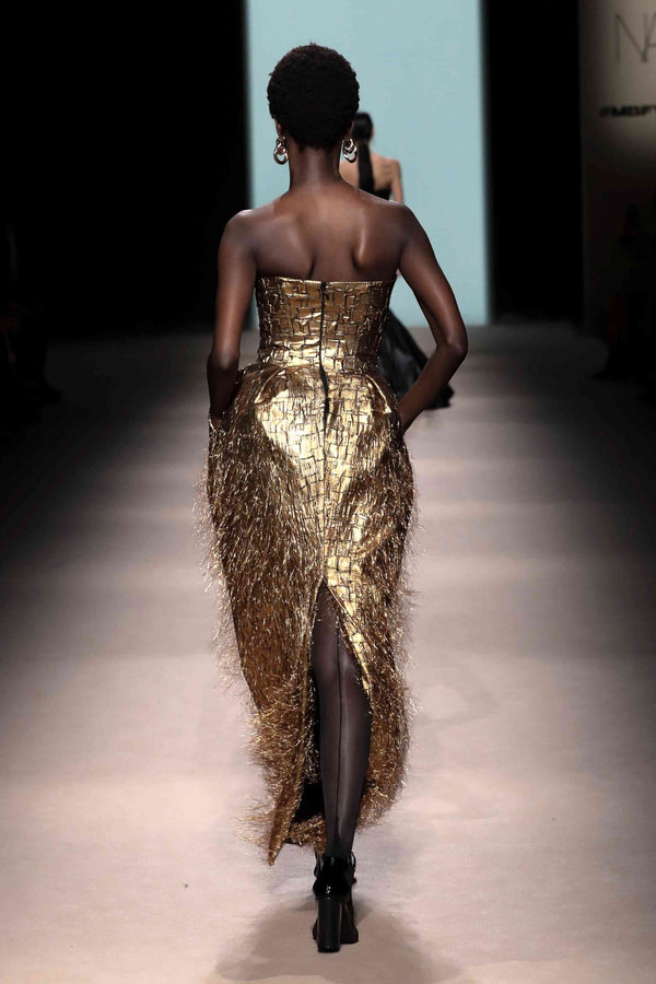 Gold Textured Strapless Maxi Dress
