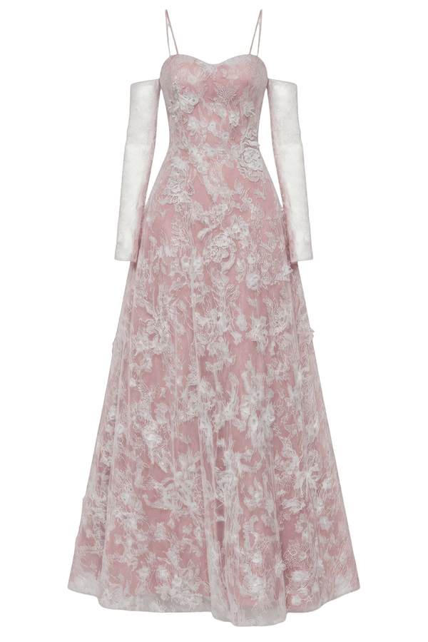 A-line Off-shoulder Long-sleeves 3D Crystal Floral Maxi - ALBOUSHIYA - district 5 - dubai - riyadh - abaya - dresses - designers - evening wear - luxury - elegance - craftsmanship - gowns - cocktail dresses - collections - georges