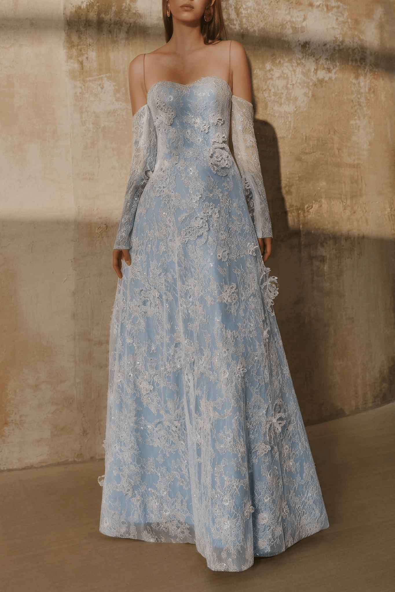 A-line Off-shoulder Long-sleeves 3D Crystal Floral Maxi - ALBOUSHIYA - district 5 - dubai - riyadh - abaya - dresses - designers - evening wear - luxury - elegance - craftsmanship - gowns - cocktail dresses - collections - georges