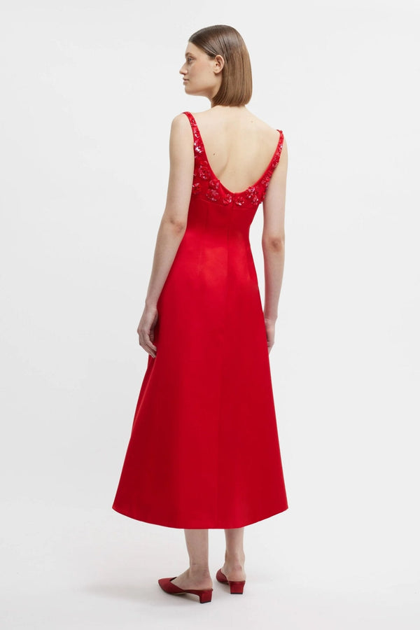 Abella Embellished Dress In Bright Red Doppio Satin - ALBOUSHIYA - district 5 - dubai - riyadh - abaya - dresses - designers - evening wear - luxury - elegance - craftsmanship - gowns - cocktail dresses - collections - georges