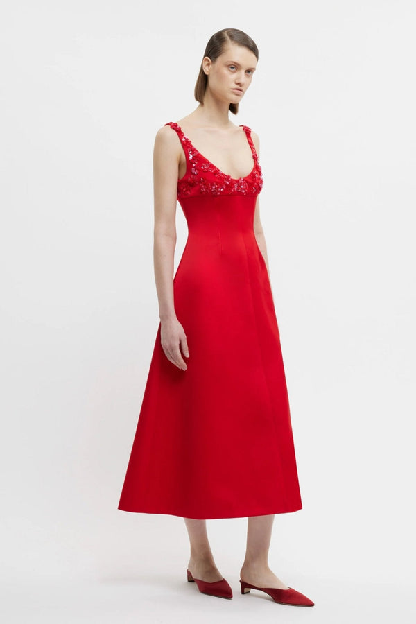 Abella Embellished Dress In Bright Red Doppio Satin - ALBOUSHIYA - district 5 - dubai - riyadh - abaya - dresses - designers - evening wear - luxury - elegance - craftsmanship - gowns - cocktail dresses - collections - georges