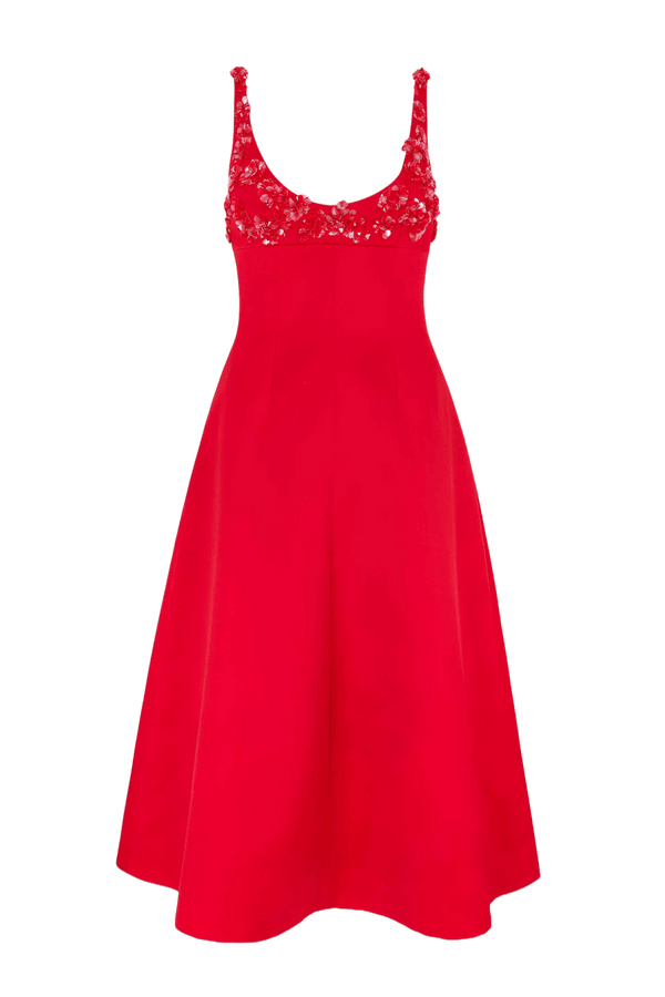 Abella Embellished Dress In Bright Red Doppio Satin - ALBOUSHIYA - district 5 - dubai - riyadh - abaya - dresses - designers - evening wear - luxury - elegance - craftsmanship - gowns - cocktail dresses - collections - georges