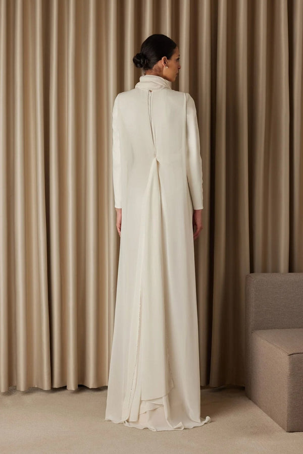 Aida Crepe Dress with Handmade Crystal stone Edge Embroidery Cape - ALBOUSHIYA - district 5 - dubai - riyadh - abaya - dresses - designers - evening wear - luxury - elegance - craftsmanship - gowns - cocktail dresses - collections - georges
