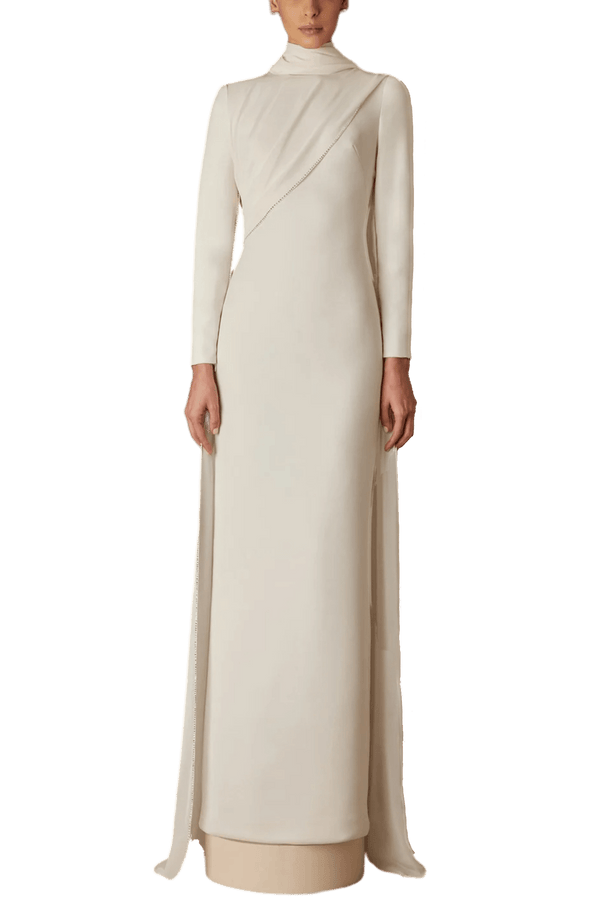 Aida Crepe Dress with Handmade Crystal stone Edge Embroidery Cape - ALBOUSHIYA - district 5 - dubai - riyadh - abaya - dresses - designers - evening wear - luxury - elegance - craftsmanship - gowns - cocktail dresses - collections - georges