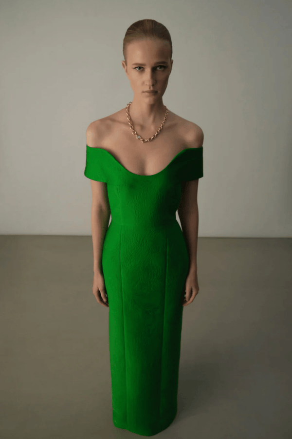 Aislin Dress In Green Embossed Cloque - ALBOUSHIYA - district 5 - dubai - riyadh - abaya - dresses - designers - evening wear - luxury - elegance - craftsmanship - gowns - cocktail dresses - collections - georges