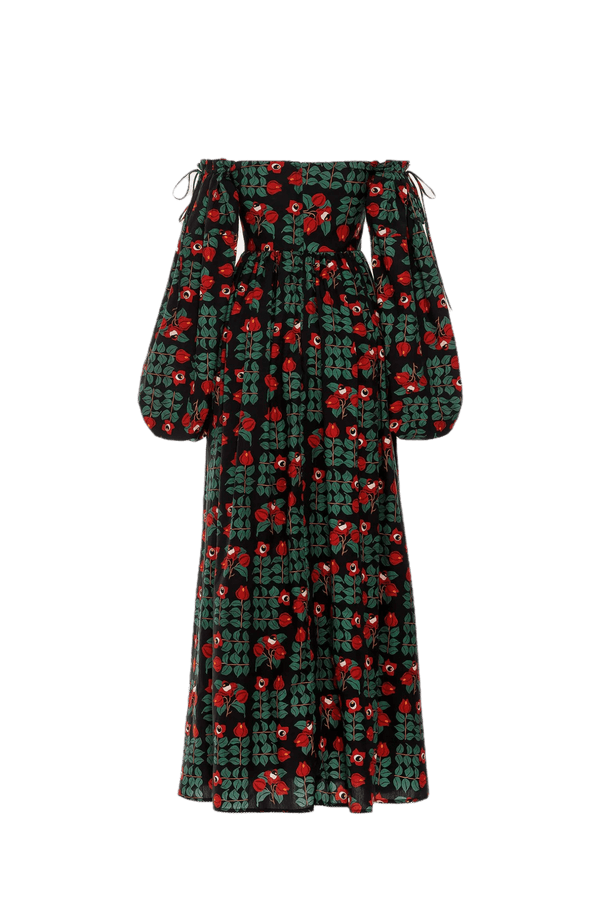 Alheli Printed Cotton Off - The - Shoulder Maxi Dress - ALBOUSHIYA - district 5 - dubai - riyadh - abaya - dresses - designers - evening wear - luxury - elegance - craftsmanship - gowns - cocktail dresses - collections - georges