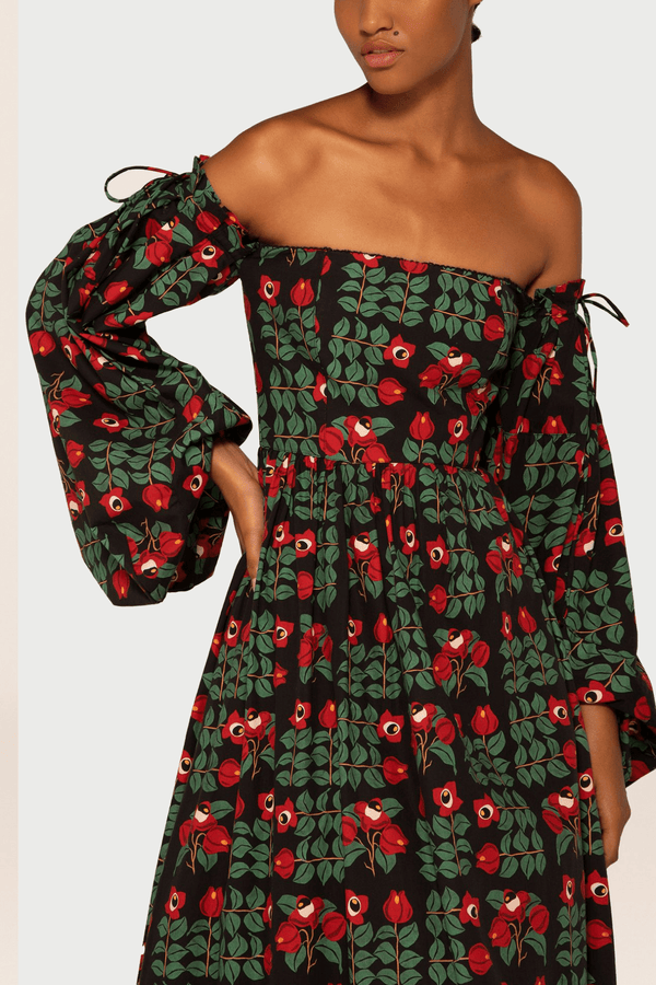 Alheli Printed Cotton Off - The - Shoulder Maxi Dress - ALBOUSHIYA - district 5 - dubai - riyadh - abaya - dresses - designers - evening wear - luxury - elegance - craftsmanship - gowns - cocktail dresses - collections - georges
