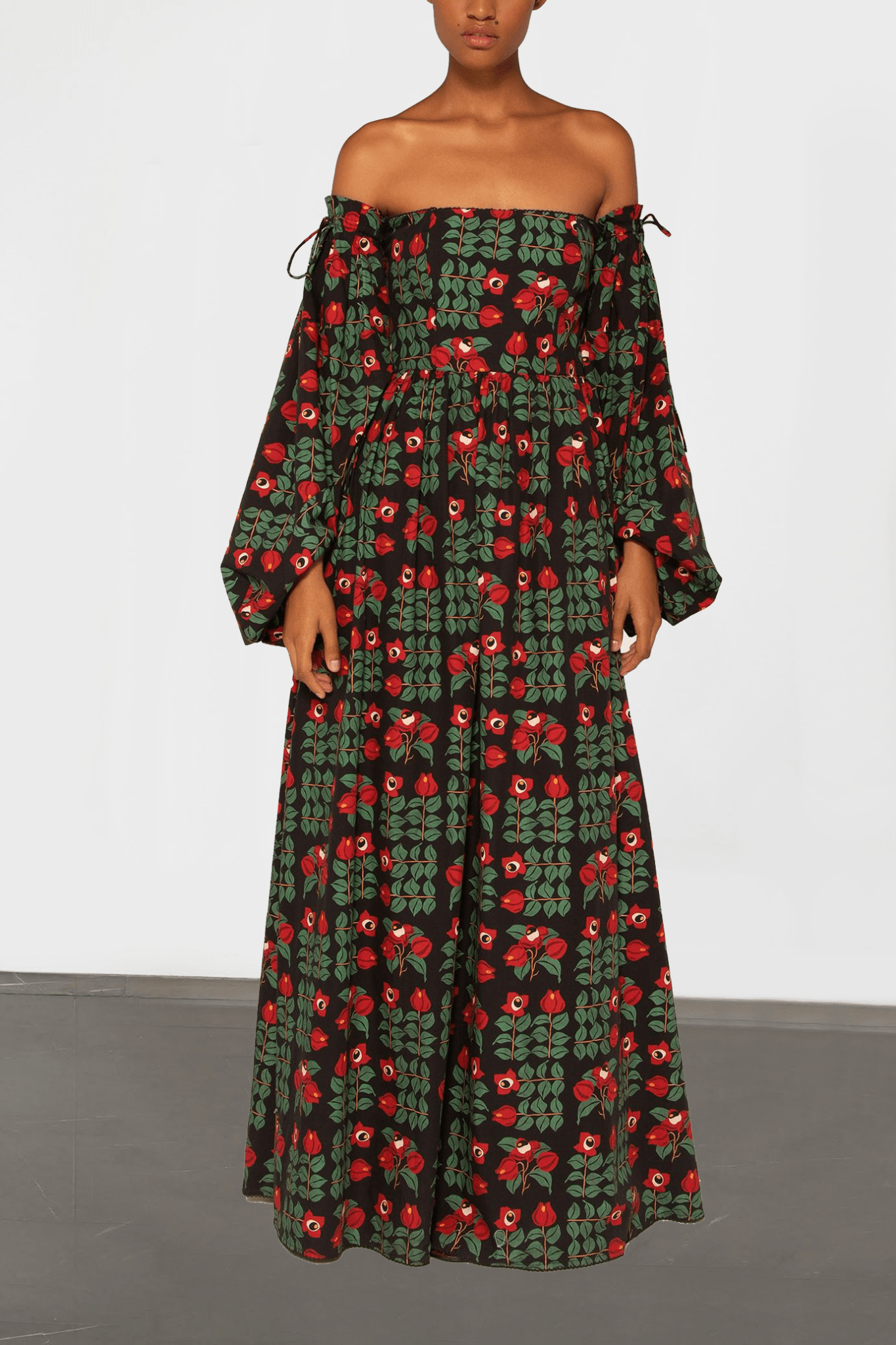 Alheli Printed Cotton Off - The - Shoulder Maxi Dress - ALBOUSHIYA - district 5 - dubai - riyadh - abaya - dresses - designers - evening wear - luxury - elegance - craftsmanship - gowns - cocktail dresses - collections - georges