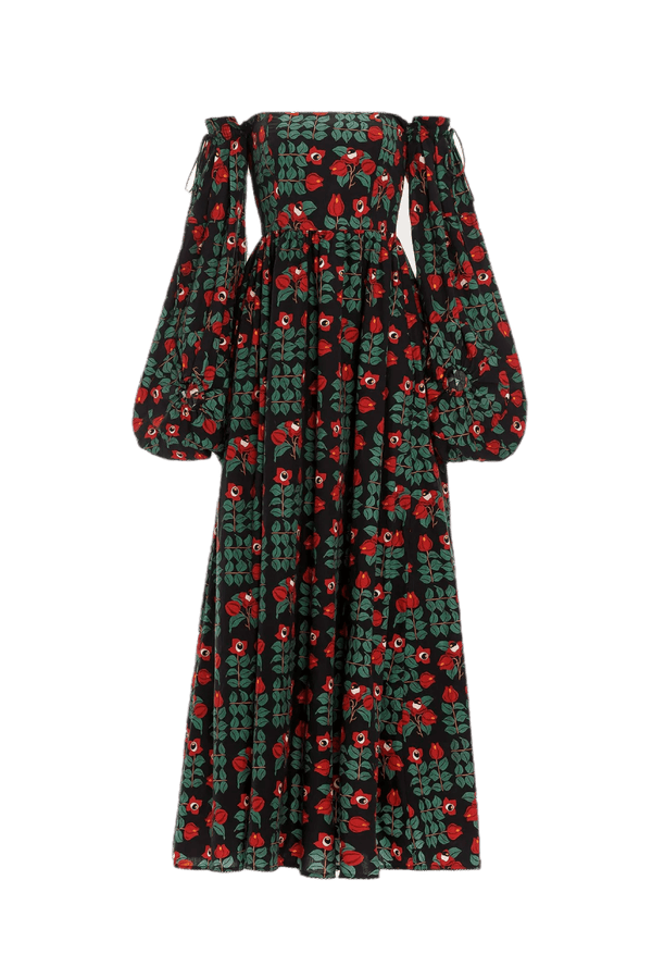 Alheli Printed Cotton Off - The - Shoulder Maxi Dress - ALBOUSHIYA - district 5 - dubai - riyadh - abaya - dresses - designers - evening wear - luxury - elegance - craftsmanship - gowns - cocktail dresses - collections - georges