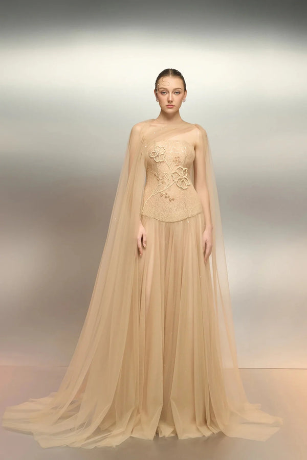 Aqahwan Tulle & Lace Dress - ALBOUSHIYA - district 5 - dubai - riyadh - abaya - dresses - designers - evening wear - luxury - elegance - craftsmanship - gowns - cocktail dresses - collections - georges