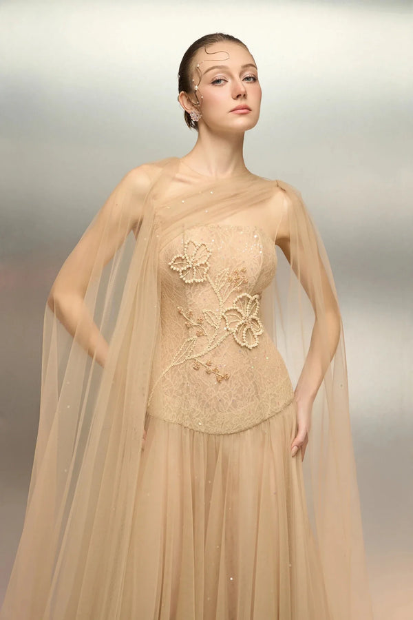 Aqahwan Tulle & Lace Dress - ALBOUSHIYA - district 5 - dubai - riyadh - abaya - dresses - designers - evening wear - luxury - elegance - craftsmanship - gowns - cocktail dresses - collections - georges