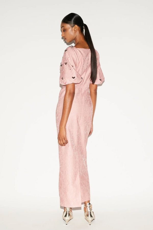 Aretha Pink Embellished Jacquard Dress - ALBOUSHIYA - district 5 - dubai - riyadh - abaya - dresses - designers - evening wear - luxury - elegance - craftsmanship - gowns - cocktail dresses - collections - georges