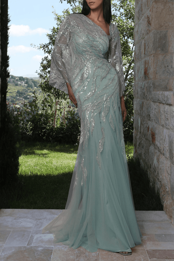 Asymmetric Embellished Gown - ALBOUSHIYA - district 5 - dubai - riyadh - abaya - dresses - designers - evening wear - luxury - elegance - craftsmanship - gowns - cocktail dresses - collections - georges