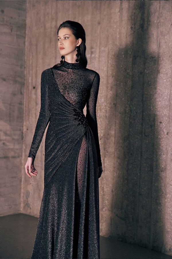 Asymmetrical Crystal Mesh Gown - ALBOUSHIYA - district 5 - dubai - riyadh - abaya - dresses - designers - evening wear - luxury - elegance - craftsmanship - gowns - cocktail dresses - collections - georges