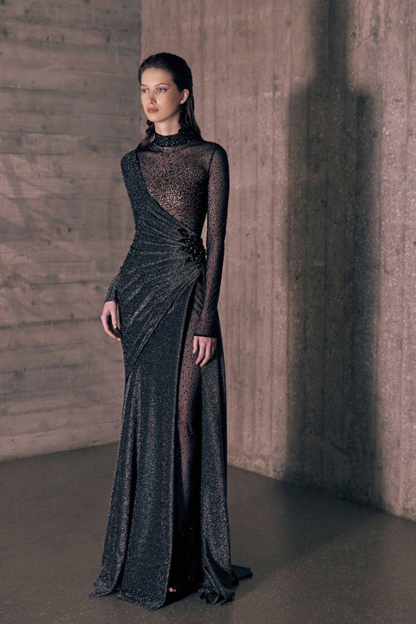 Asymmetrical Crystal Mesh Gown - ALBOUSHIYA - district 5 - dubai - riyadh - abaya - dresses - designers - evening wear - luxury - elegance - craftsmanship - gowns - cocktail dresses - collections - georges