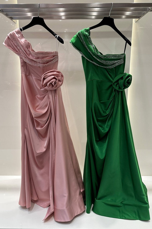 Asymmetrical Shoulder Gown With Drapped Details - ALBOUSHIYA - district 5 - dubai - riyadh - abaya - dresses - designers - evening wear - luxury - elegance - craftsmanship - gowns - cocktail dresses - collections - georges