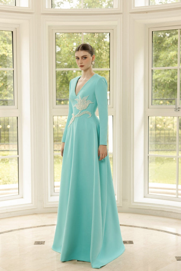 Aurelie Crepe Dress - ALBOUSHIYA - district 5 - dubai - riyadh - abaya - dresses - designers - evening wear - luxury - elegance - craftsmanship - gowns - cocktail dresses - collections - georges