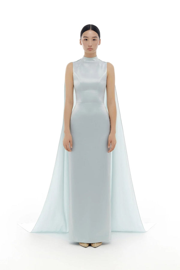 Baby Blue Cape Dress - ALBOUSHIYA - district 5 - dubai - riyadh - abaya - dresses - designers - evening wear - luxury - elegance - craftsmanship - gowns - cocktail dresses - collections - georges
