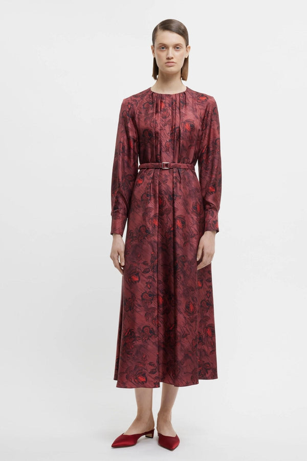 Bahiti Dress In Red Roses On Marble Print Silk Twill - ALBOUSHIYA - district 5 - dubai - riyadh - abaya - dresses - designers - evening wear - luxury - elegance - craftsmanship - gowns - cocktail dresses - collections - georges