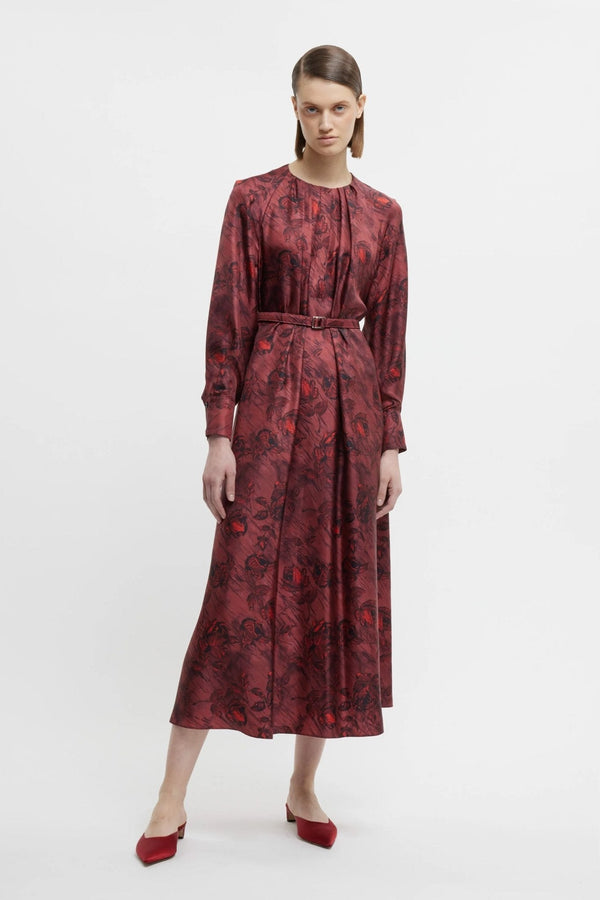 Bahiti Dress In Red Roses On Marble Print Silk Twill - ALBOUSHIYA - district 5 - dubai - riyadh - abaya - dresses - designers - evening wear - luxury - elegance - craftsmanship - gowns - cocktail dresses - collections - georges