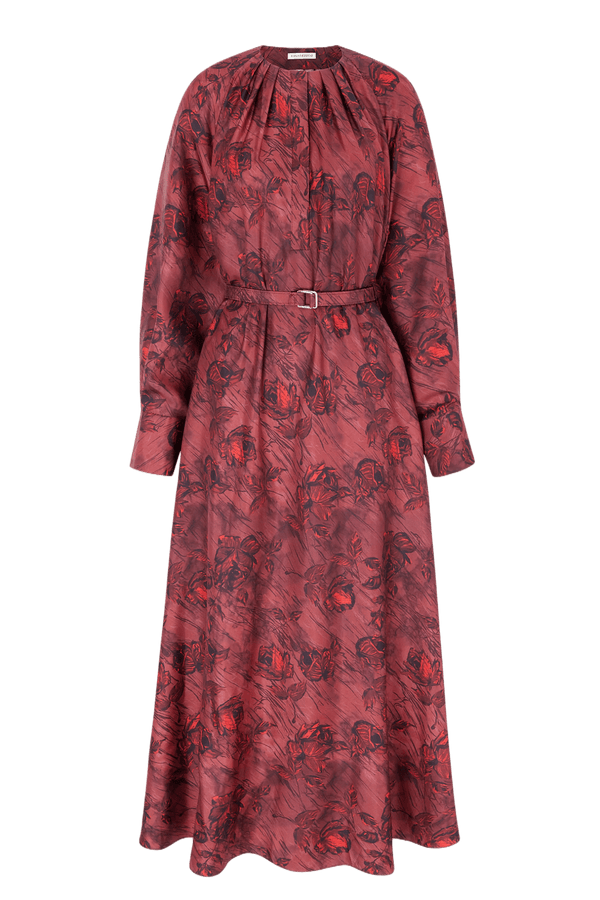 Bahiti Dress In Red Roses On Marble Print Silk Twill - ALBOUSHIYA - district 5 - dubai - riyadh - abaya - dresses - designers - evening wear - luxury - elegance - craftsmanship - gowns - cocktail dresses - collections - georges