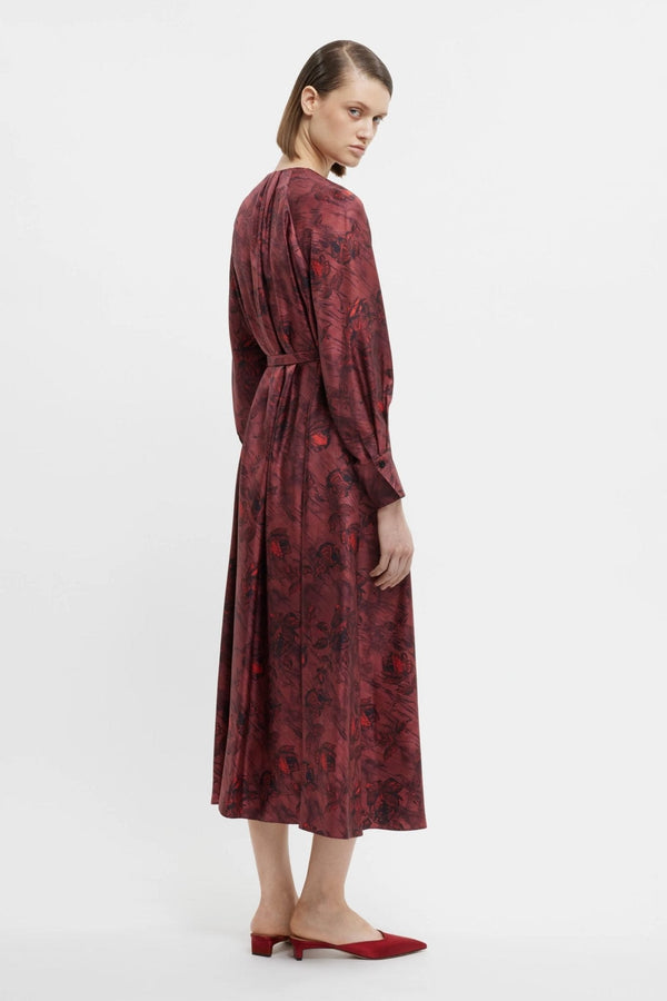 Bahiti Dress In Red Roses On Marble Print Silk Twill - ALBOUSHIYA - district 5 - dubai - riyadh - abaya - dresses - designers - evening wear - luxury - elegance - craftsmanship - gowns - cocktail dresses - collections - georges