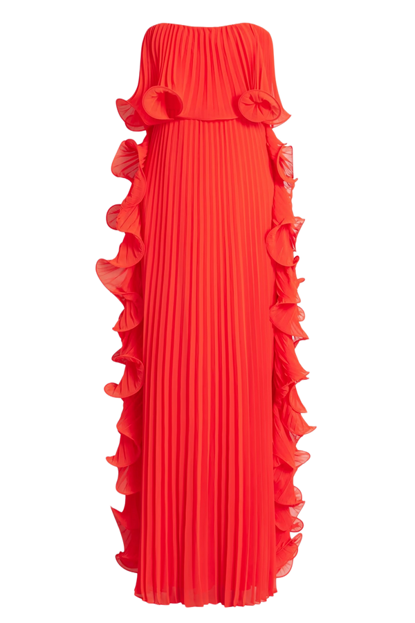 Pleated Strapless Dress with Side Ruffles