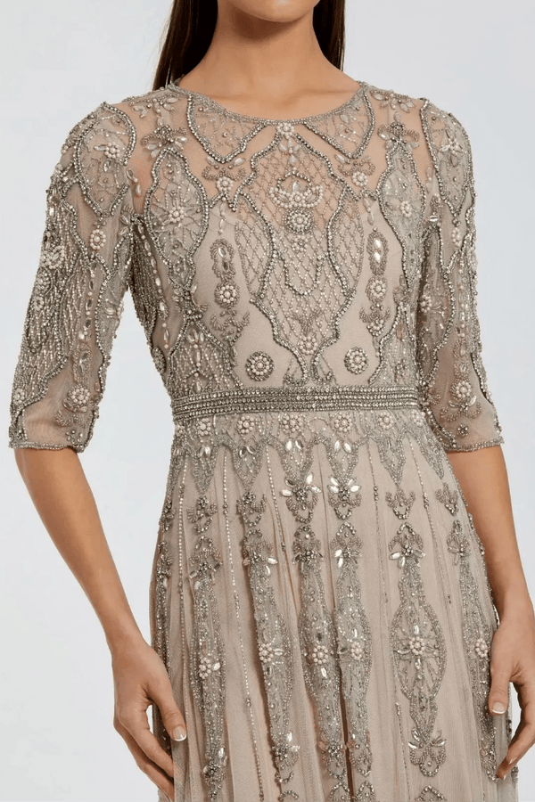 Beige 3/4 Sleeve Embellished A-line Gown - ALBOUSHIYA - district 5 - dubai - riyadh - abaya - dresses - designers - evening wear - luxury - elegance - craftsmanship - gowns - cocktail dresses - collections - georges
