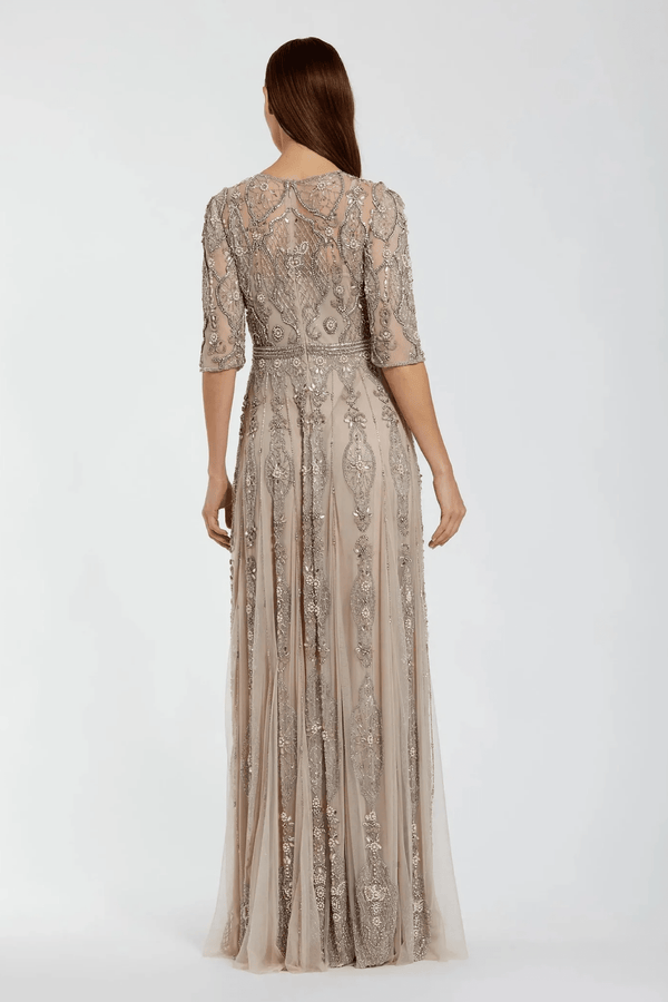 Beige 3/4 Sleeve Embellished A-line Gown - ALBOUSHIYA - district 5 - dubai - riyadh - abaya - dresses - designers - evening wear - luxury - elegance - craftsmanship - gowns - cocktail dresses - collections - georges